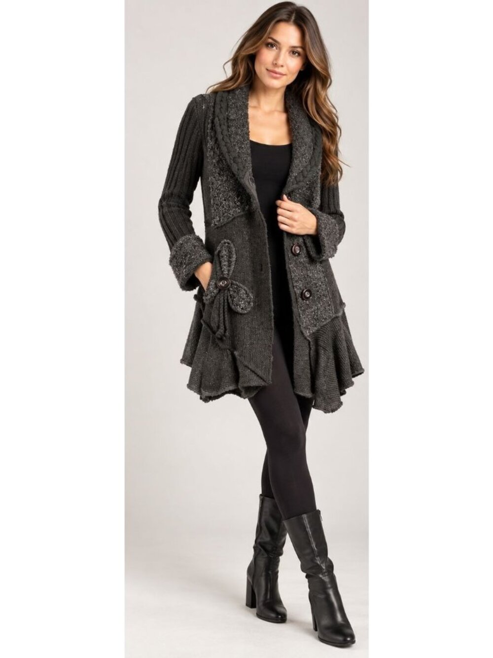 Sioni Womens M Black Wool Mohair Knit Coatigan Lagenlook Ruffle Hem whimsigoth
